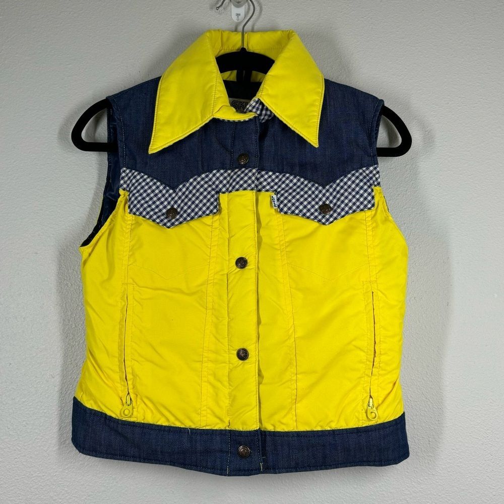 Vintage Levi’s Kids Goose Down Snap Front Ski Vest Yellow Denim Plaid Size 7/8